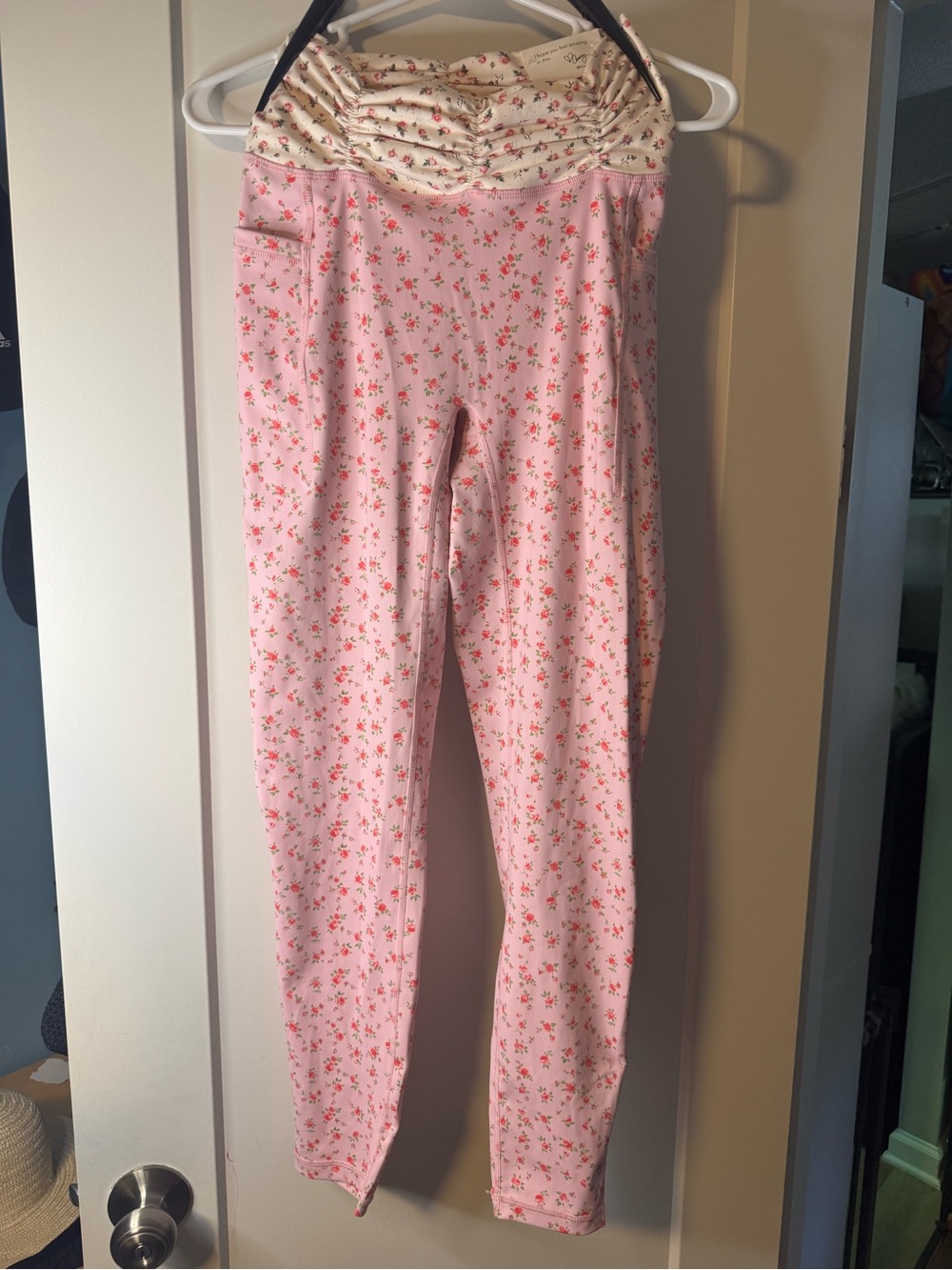 Floral Pink Maternity Leggings with Cream Fold-Over Waistband